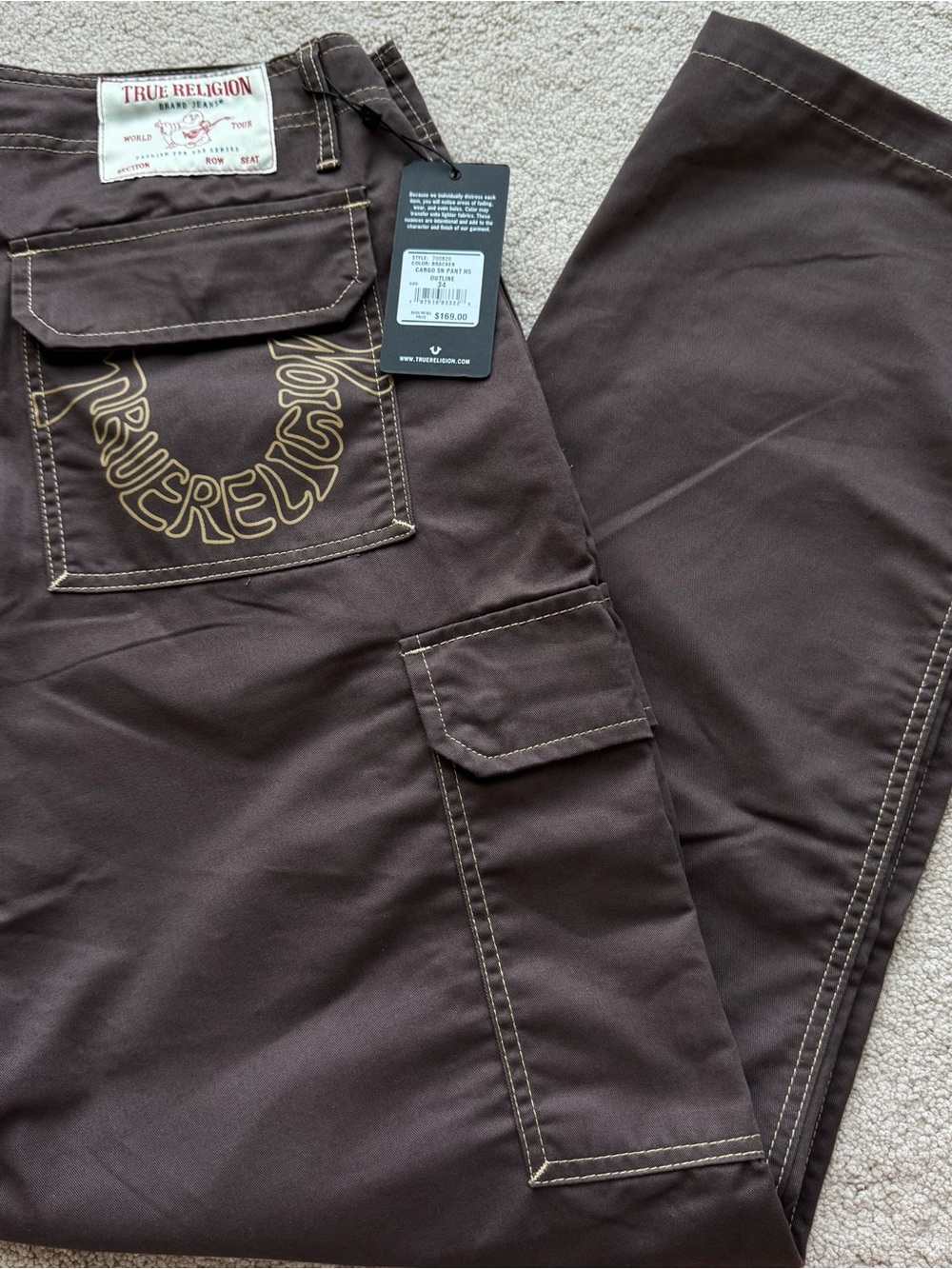 True Religion Men’s Cargo SN Pant HS Outline in Bracken Brown Size 34 NWT